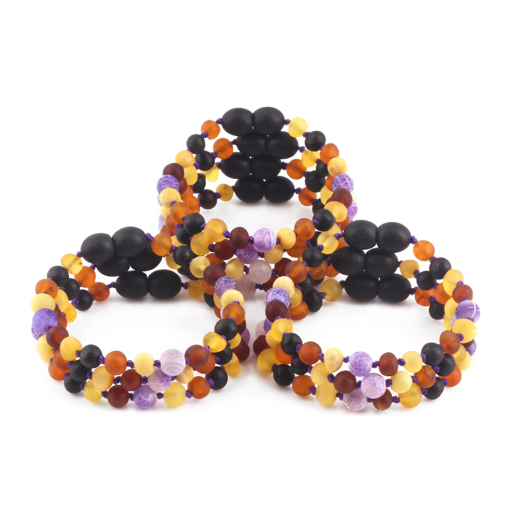 BALTIC AMBER BABY TEETHING BRACELETS WITH PURPLE FROST AGATE LOT OF 10pcs. LE488