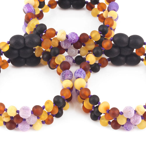 Baltic Amber & Purple Agate Teething Bracelet Baroque Multicolor Matte Finish - Wholesale Lot of 10pcs - 14cm / 5.5in - LE488