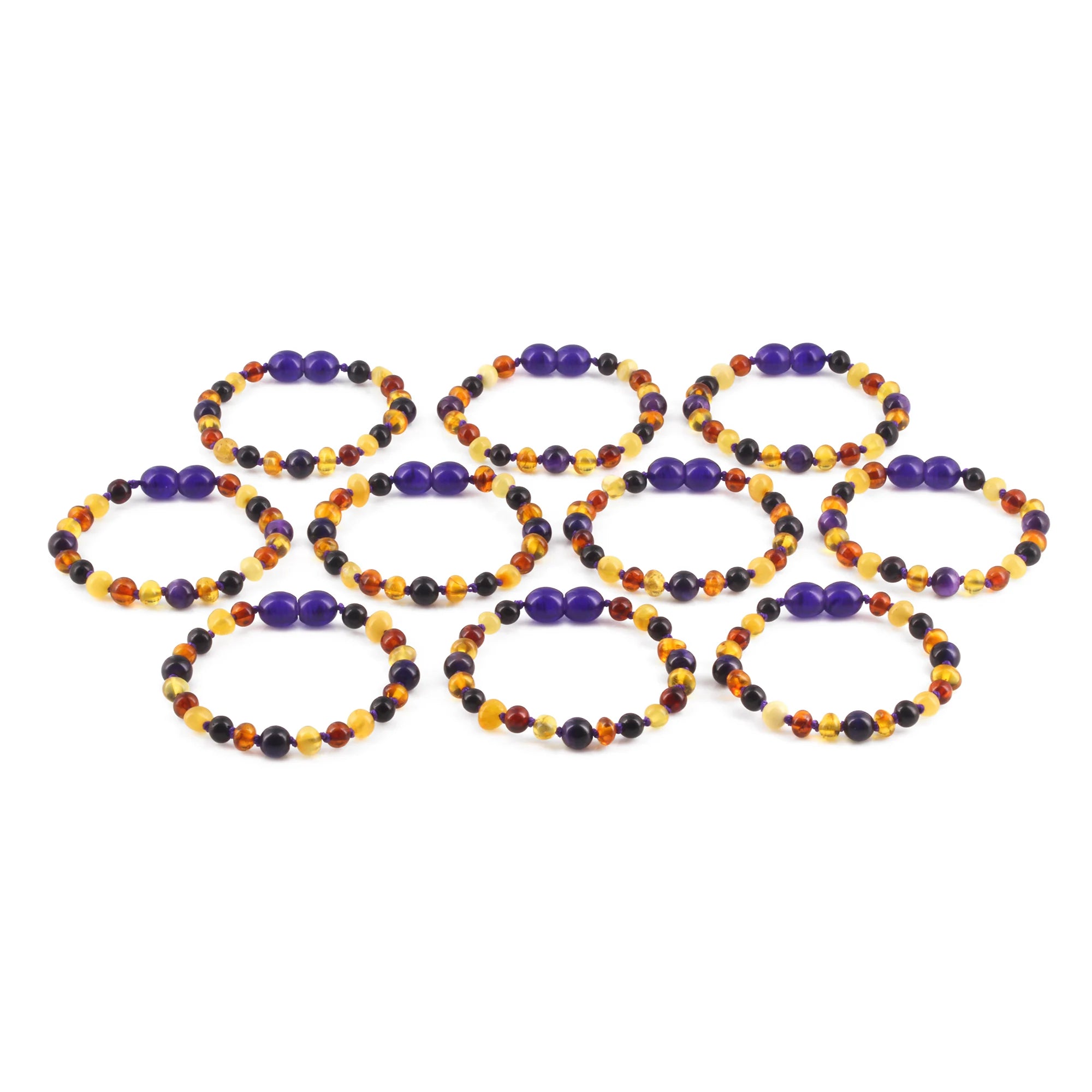 BALTIC AMBER BABY TEETHING BRACELETS WITH PURPLE TIGER EYE LOT OF 10pcs. LE554