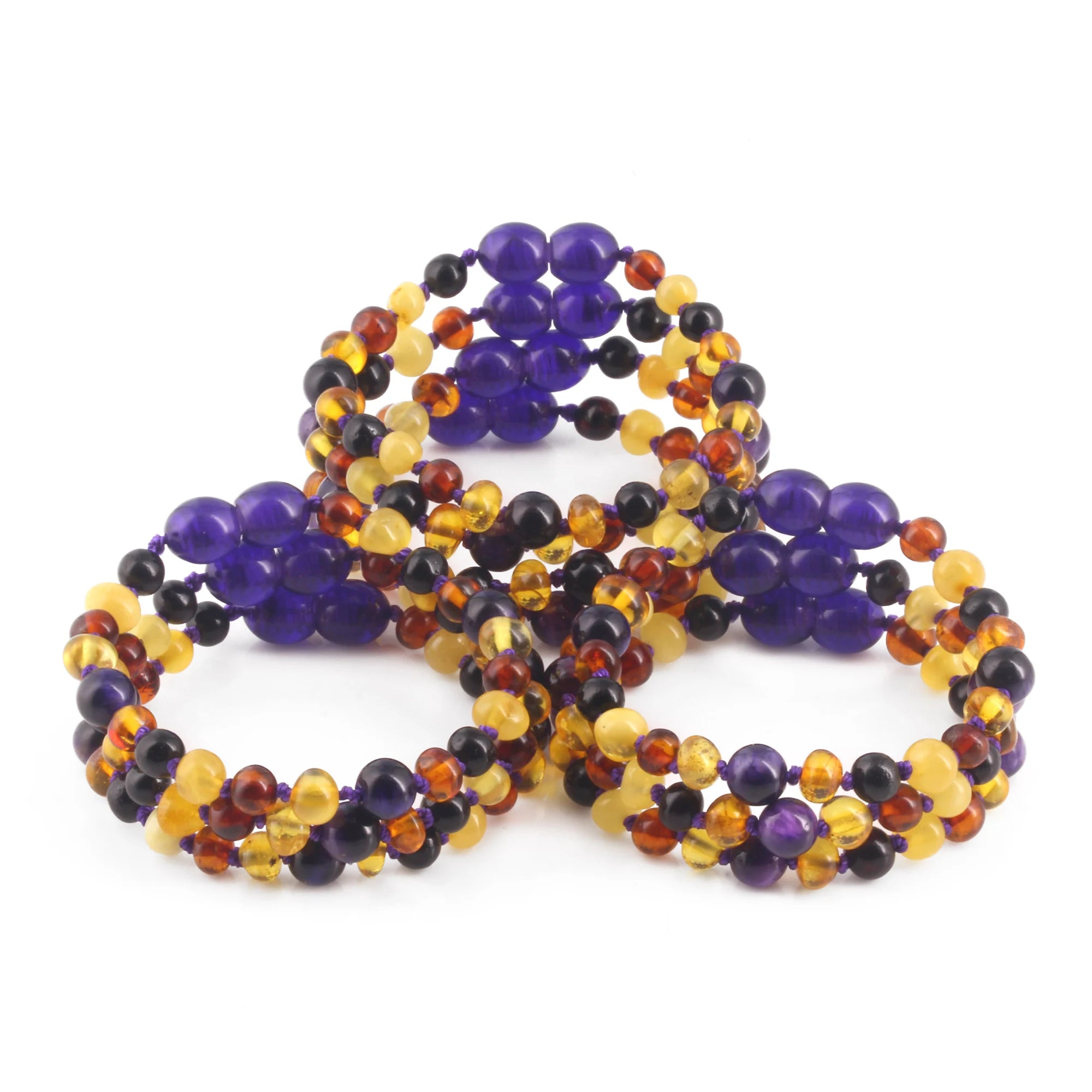 BALTIC AMBER BABY TEETHING BRACELETS WITH PURPLE TIGER EYE LOT OF 10pcs. LE554