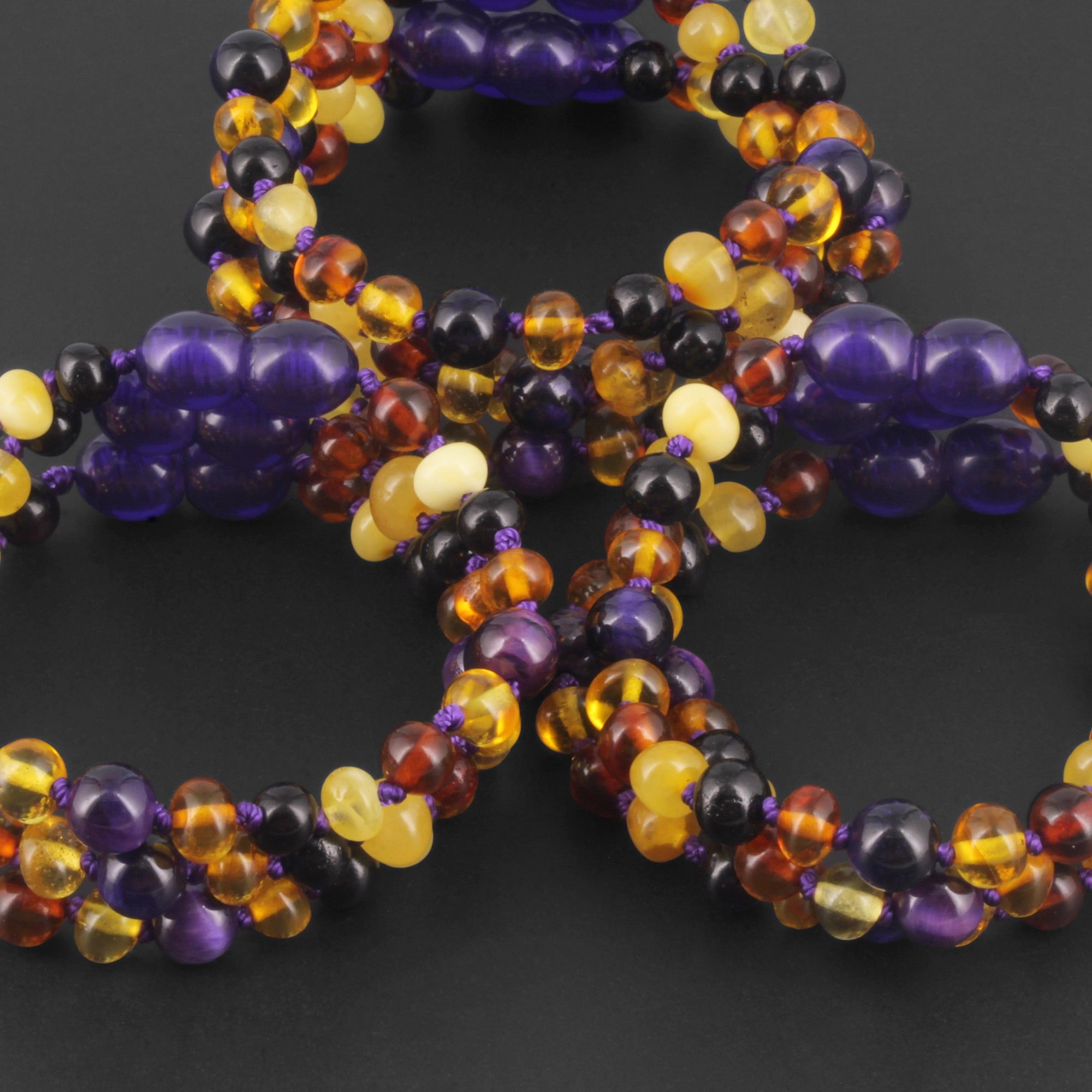 Baltic Amber & Purple Tiger Eye Baby Teething Bracelet Baroque Multicolor Glossy Finish - Wholesale Lot of 10pcs - 14cm / 5.5in - LE554