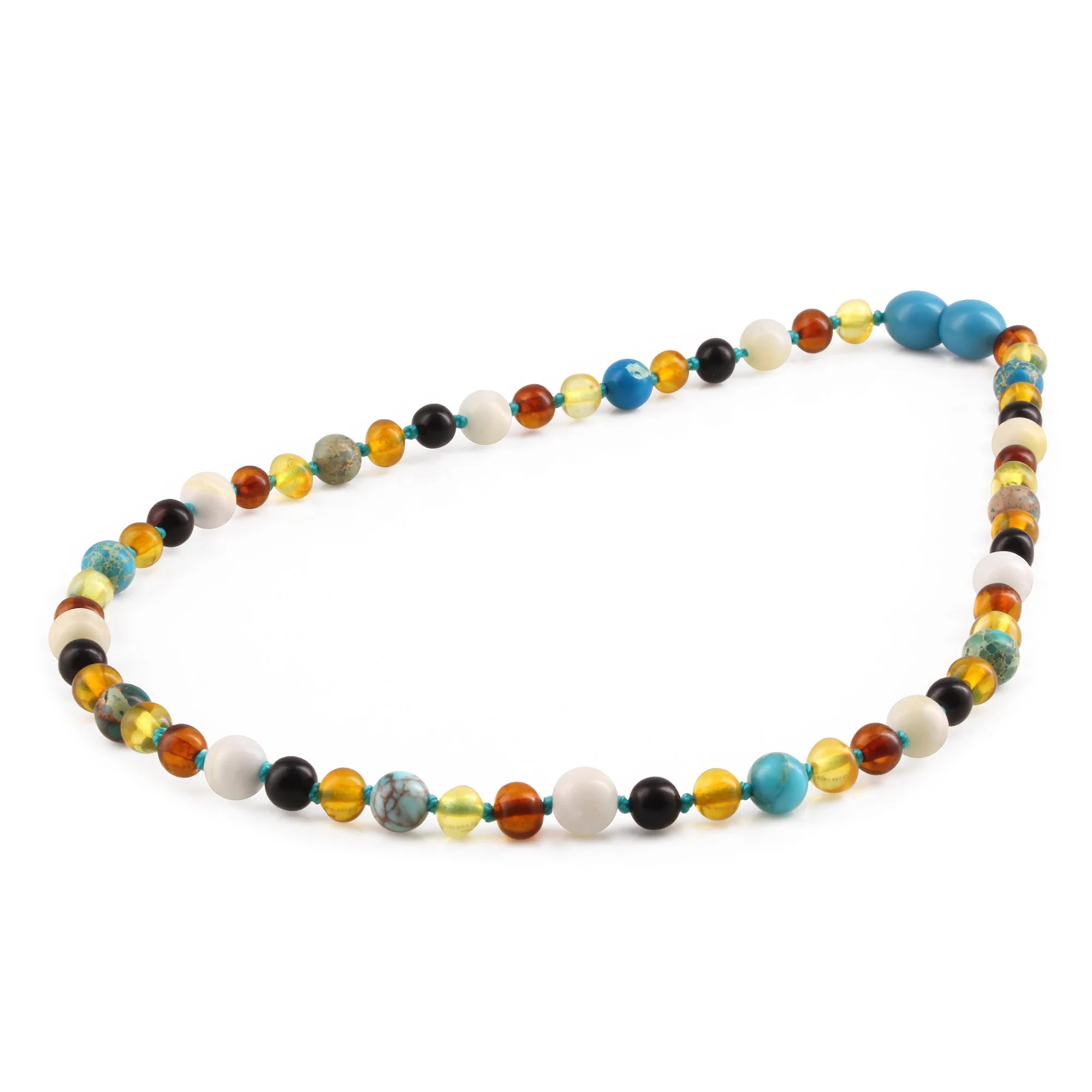BALTIC AMBER JUNIOR NECKLACES WITH LAKE BLUE IMPERIAL JASPER & TRIDACNA SHELL LOT OF 10pcs. JN96-T