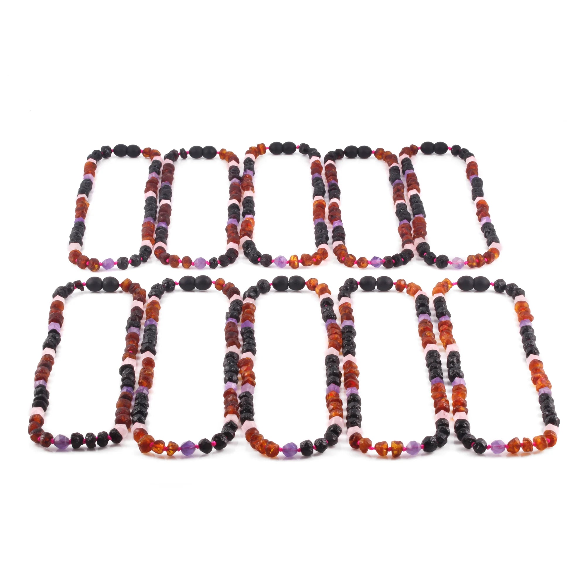 BALTIC AMBER JUNIOR NECKLACES WITH AMETHYST & ROSE QUARTZ LOT OF 10pcs. JN110