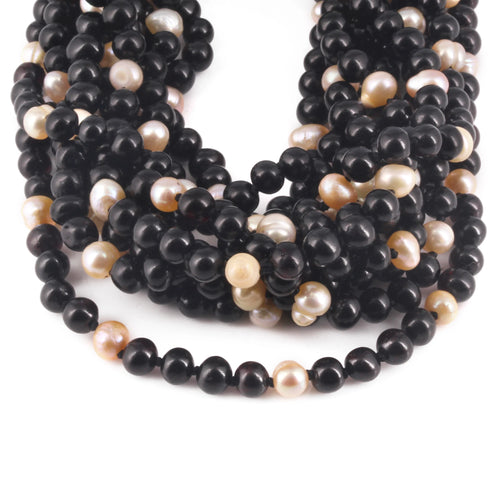 Baltic Amber & Freshwater Pearl Baby Teething Necklace Baroque Black Glossy Finish - Wholesale Lot of 10pcs - 32cm / 12.6in - P3