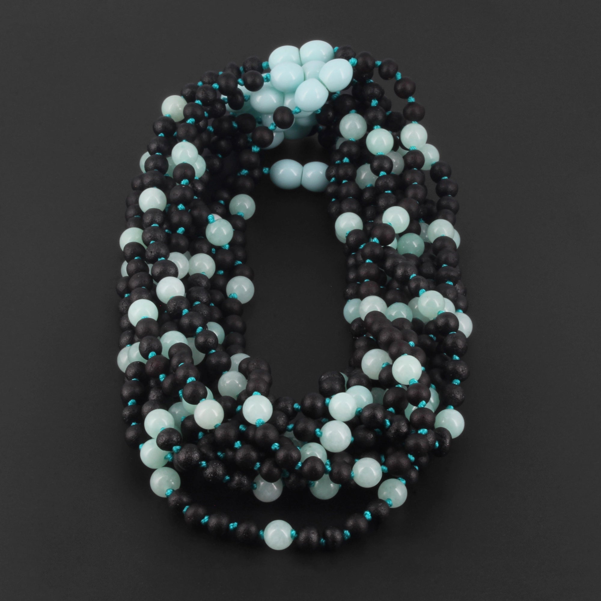 Baltic Amber & Sky Blue Jade Baby Teething Necklace Baroque Black Matte Finish - Wholesale Lot of 10pcs - 32cm / 12.6in - LE547
