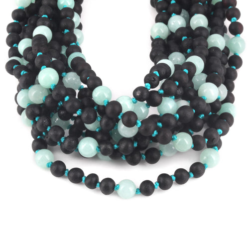 Baltic Amber & Sky Blue Jade Baby Teething Necklace Baroque Black Matte Finish - Wholesale Lot of 10pcs - 32cm / 12.6in - LE547