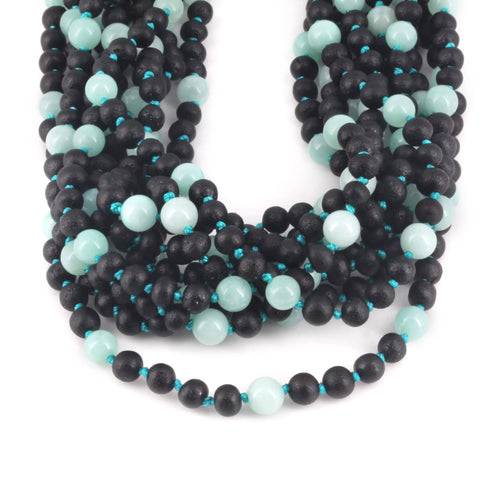 Baltic Amber & Sky Blue Jade Junior Necklace Baroque Black Matte Finish - Wholesale Lot of 10pcs - 38cm / 15in - JN85