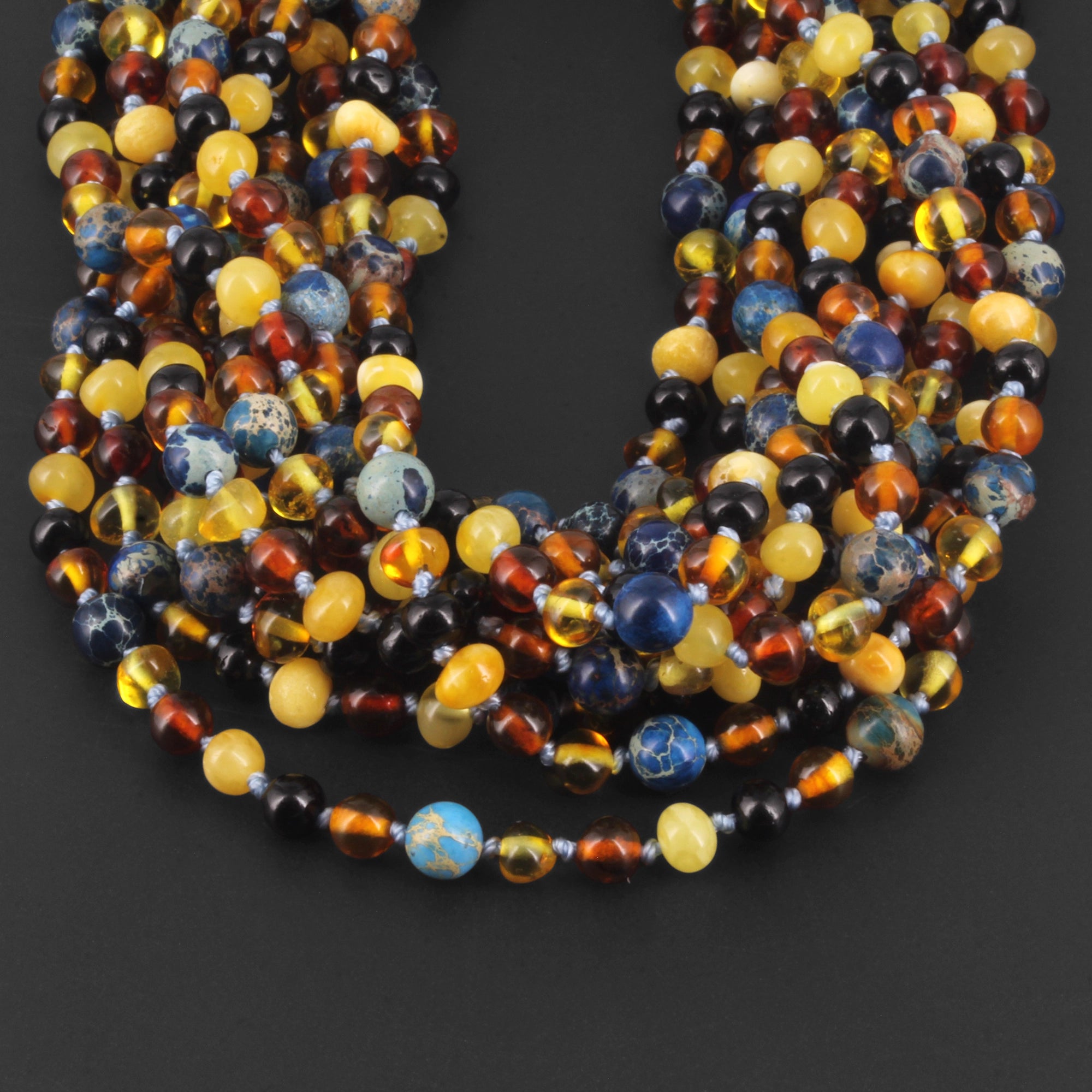 BALTIC AMBER JUNIOR NECKLACES WITH DEEP BLUE IMPERIAL JASPER LOT OF 10pcs. JN101