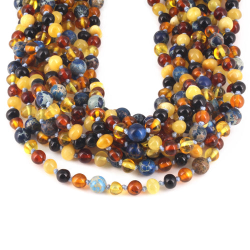 Baltic Amber & Blue Jasper Junior Necklace Baroque Multicolor Glossy Finish - Wholesale Lot of 10pcs - 38cm / 15in - JN101