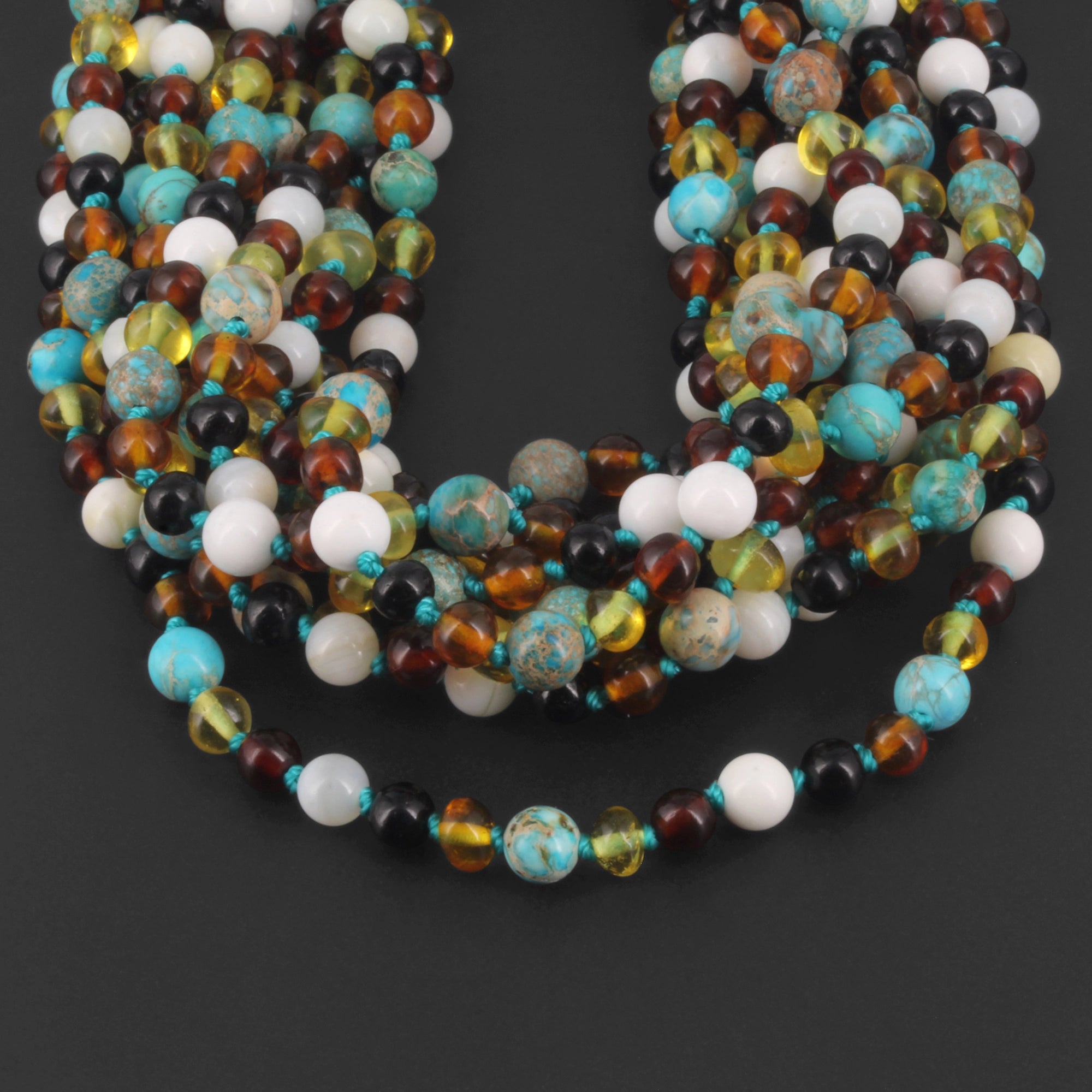 BALTIC AMBER JUNIOR NECKLACES WITH LAKE BLUE IMPERIAL JASPER & TRIDACNA SHELL LOT OF 10pcs. JN96-T