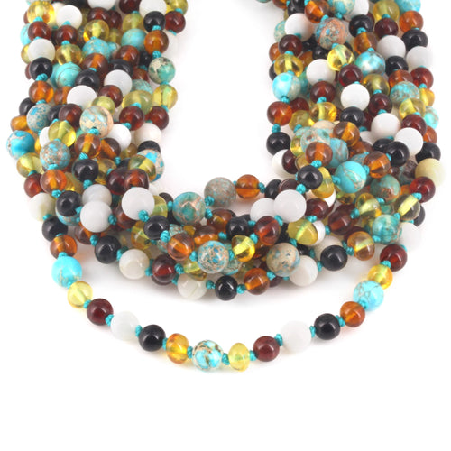 Baltic Amber & Gemstone Junior Necklace Baroque Multicolor Glossy Finish - Wholesale Lot of 10pcs - 38cm / 15in - JN96-T