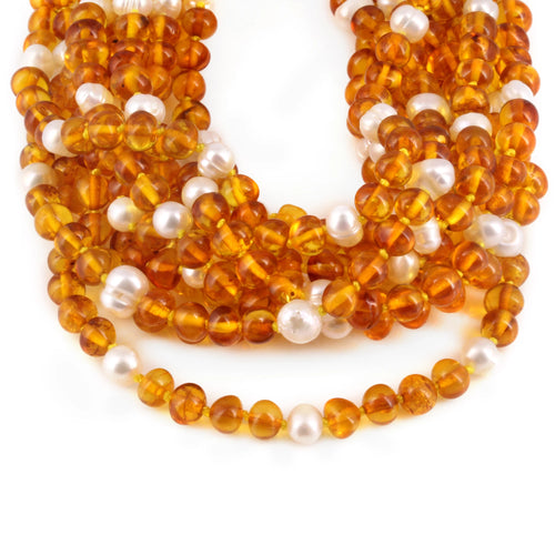Baltic Amber & Freshwater Pearl Baby Teething Necklace Baroque Light Cognac Glossy Finish - Wholesale Lot of 10pcs - 32cm / 12.6in - P1