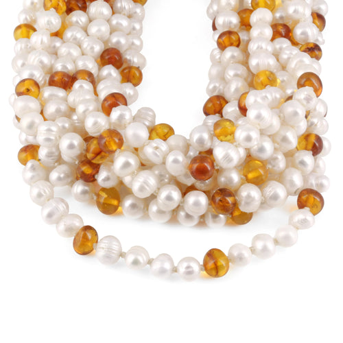Baltic Amber & Freshwater Pearl Baby Teething Necklace Baroque Glossy Finish - Wholesale Lot of 10pcs - 32cm / 12.6in - P3