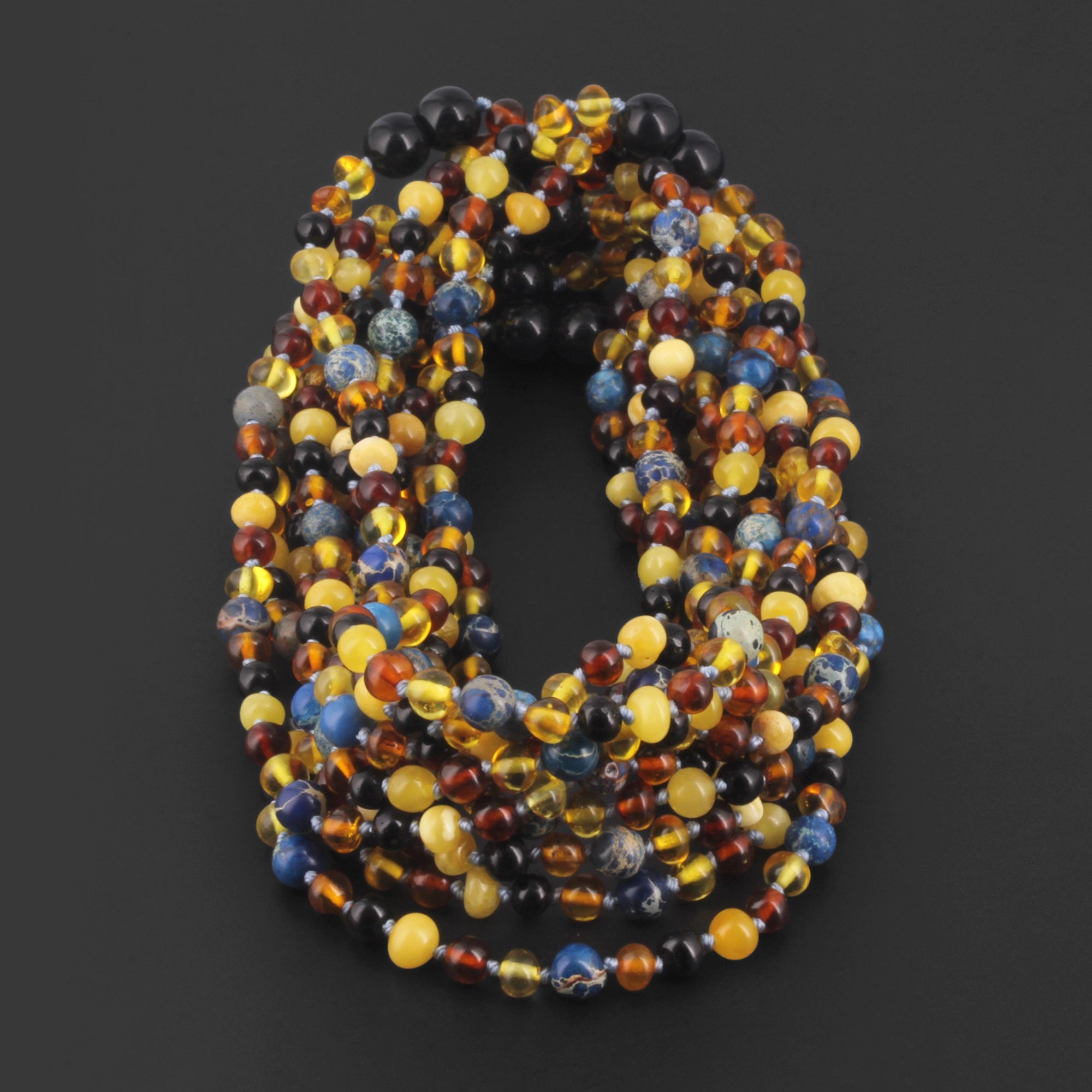 BALTIC AMBER BABY TEETHING NECKLACES WITH DEEP BLUE IMPERIAL JASPER LOT OF 10pcs. LE555