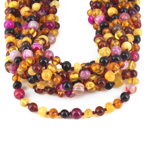 Baltic Amber & Pink Agate Junior Necklace Baroque Multicolor Glossy Finish - Wholesale Lot of 10pcs - 38cm / 15in - JN97