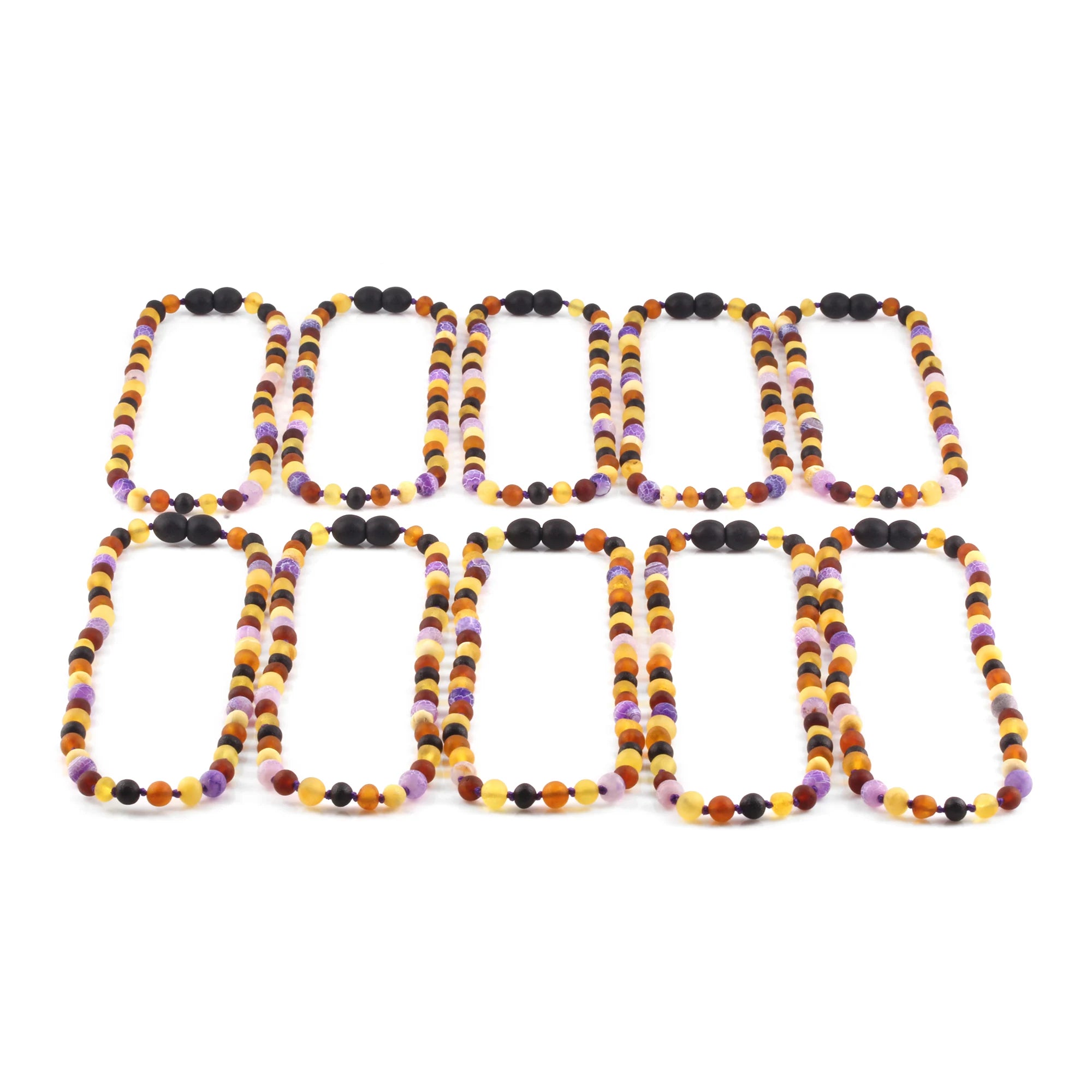 BALTIC AMBER BABY TEETHING NECKLACES WITH PURPLE FROST AGATE LOT OF 10pcs. LE488