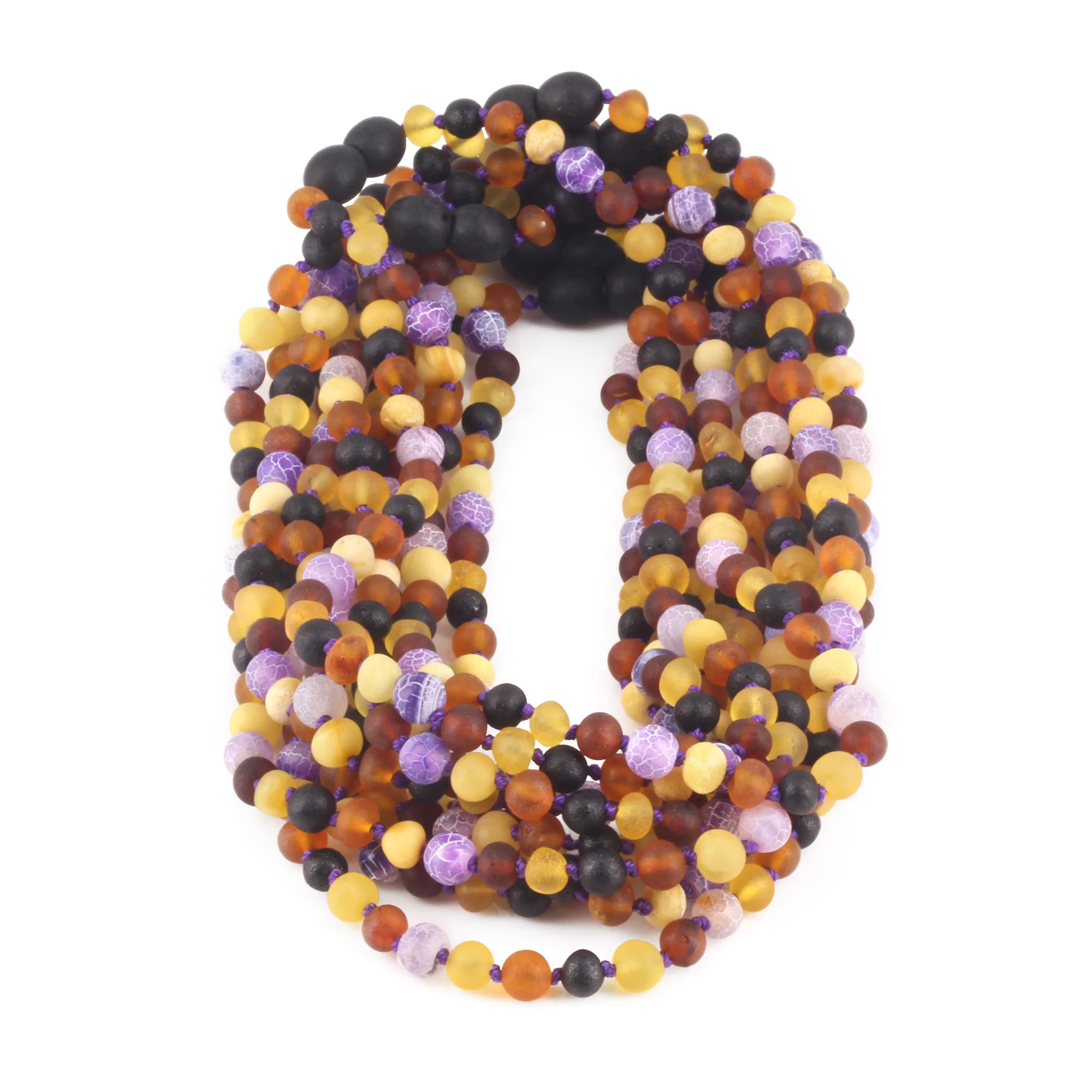 BALTIC AMBER BABY TEETHING NECKLACES WITH PURPLE FROST AGATE LOT OF 10pcs. LE488