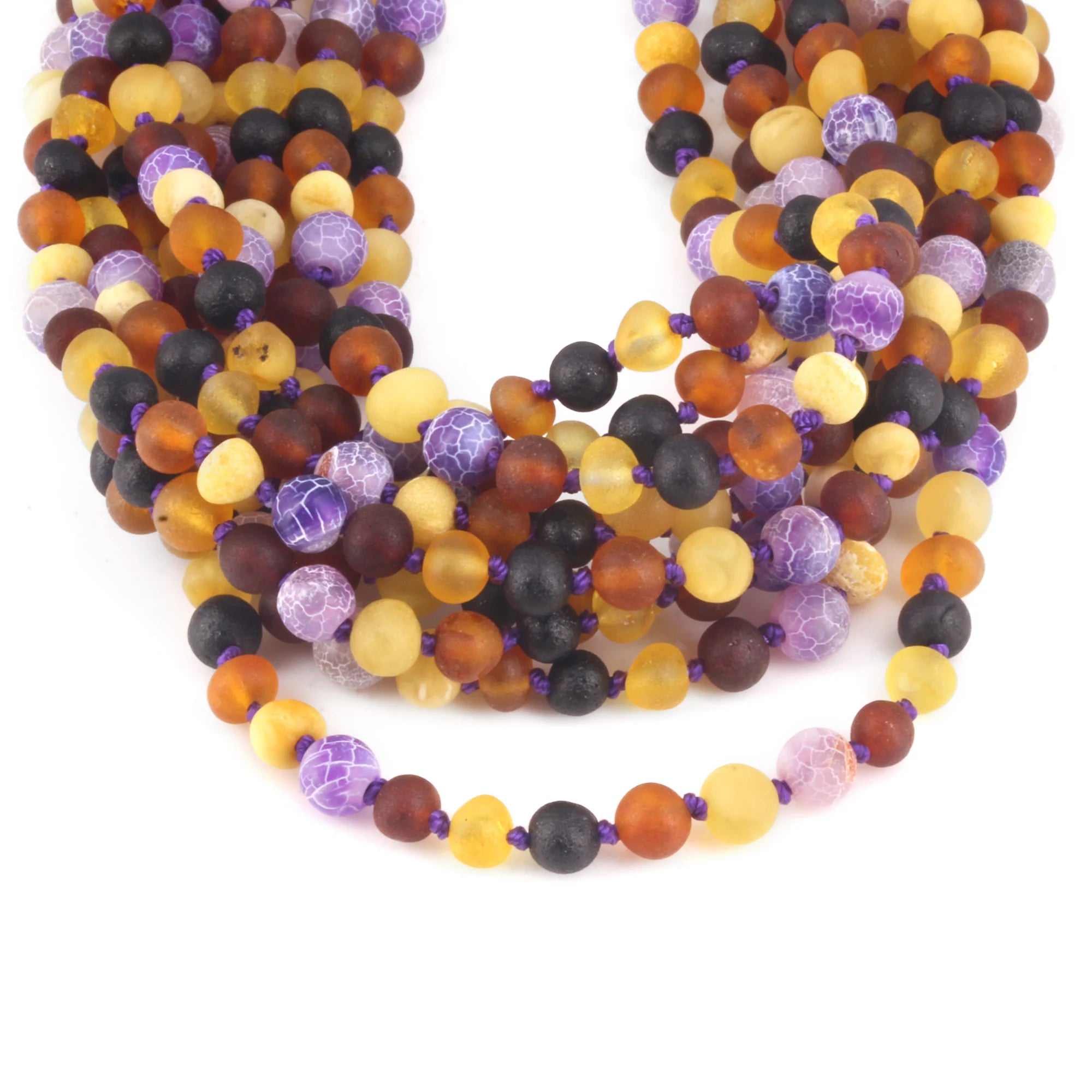 BALTIC AMBER BABY TEETHING NECKLACES WITH PURPLE FROST AGATE LOT OF 10pcs. LE488