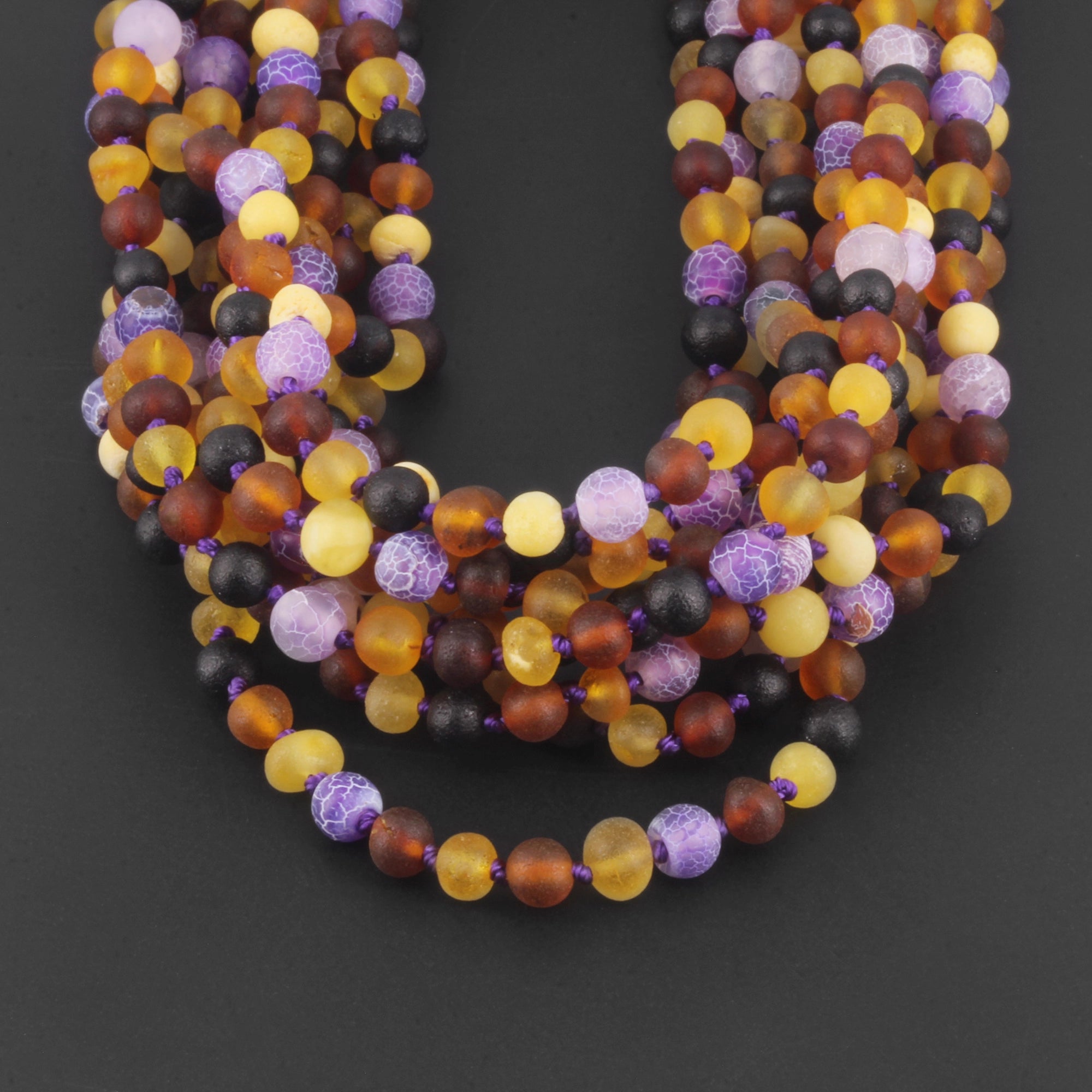 Baltic Amber & Purple Agate Junior Necklace Baroque Multicolor Matte Finish - Wholesale Lot of 10pcs - 38cm / 15in - JN72
