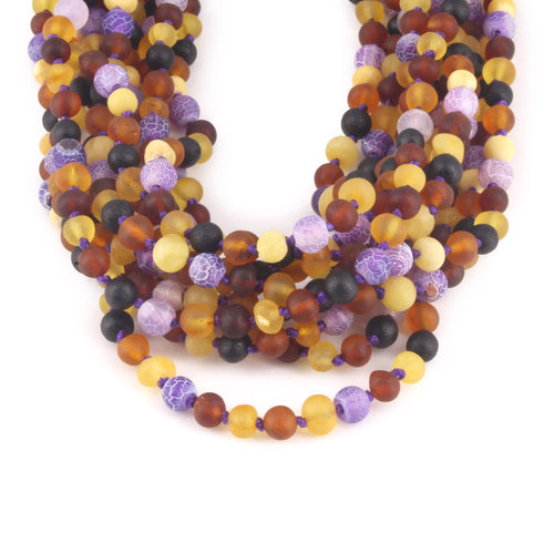 Baltic Amber & Purple Agate Junior Necklace Baroque Multicolor Matte Finish - Wholesale Lot of 10pcs - 38cm / 15in - JN72
