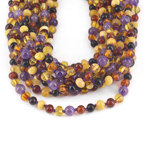 Baltic Amber & Amethyst Junior Necklace Baroque Multicolor Glossy Finish - Wholesale Lot of 10pcs - 38cm / 15in - JN83-B