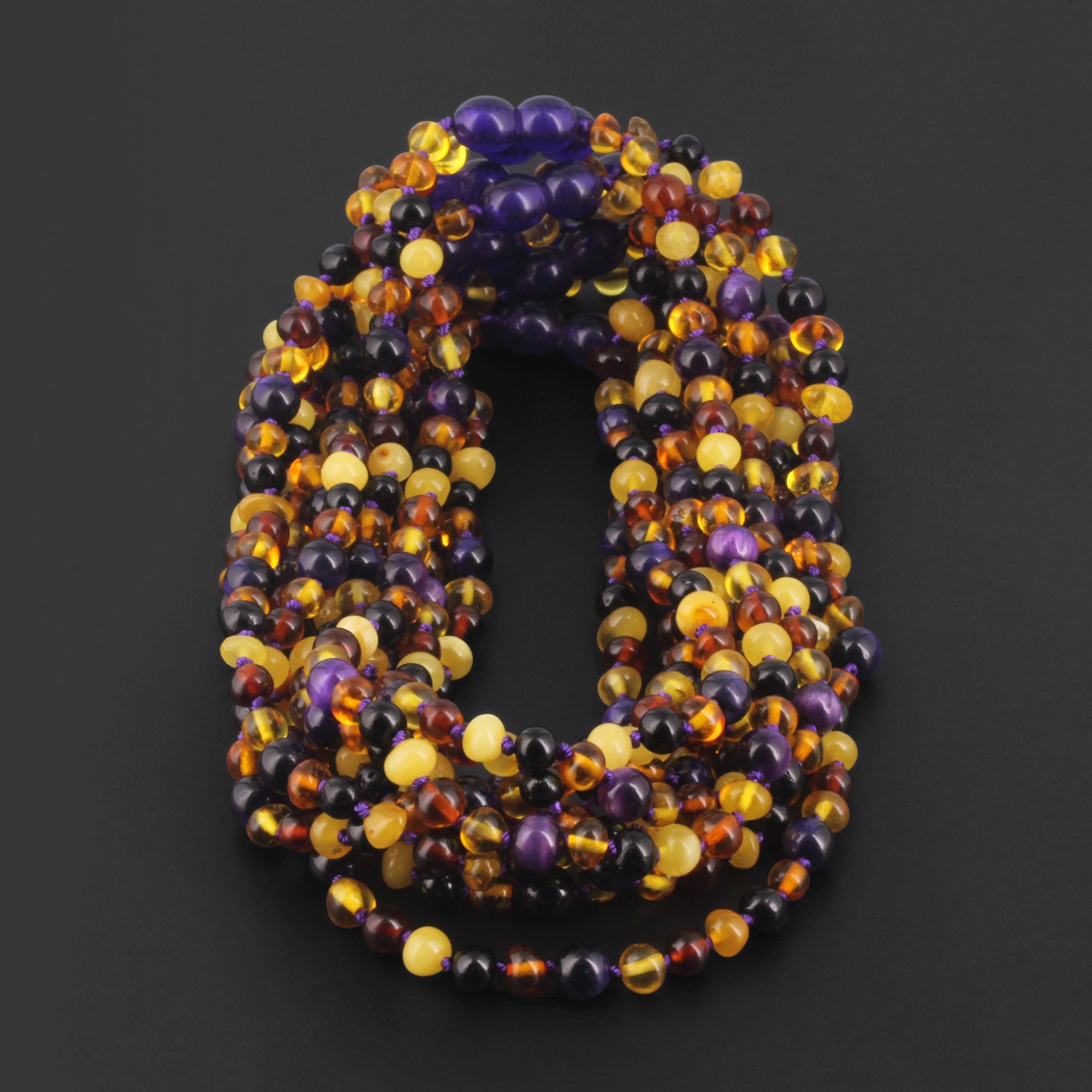 BALTIC AMBER BABY TEETHING NECKLACES WITH PURPLE TIGER EYE LOT OF 10pcs. LE554