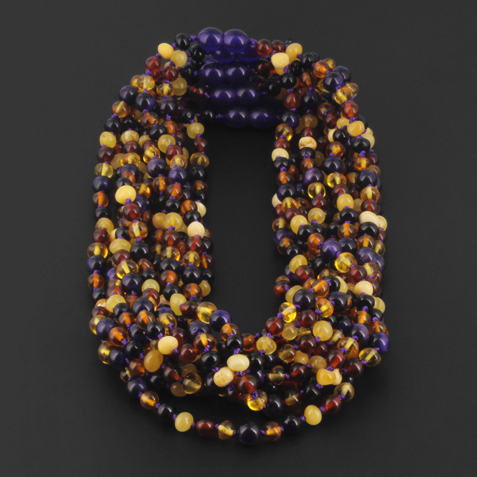Baltic Amber & Purple Tiger Eye Junior Necklace Baroque Multicolor Glossy Finish - Wholesale Lot of 10pcs - 38cm / 15in - JN100