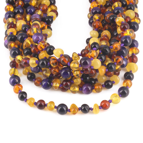 Baltic Amber & Purple Tiger Eye Baby Teething Necklace Baroque Multicolor Glossy Finish - Wholesale Lot of 10pcs - 32cm / 12.6in - LE554