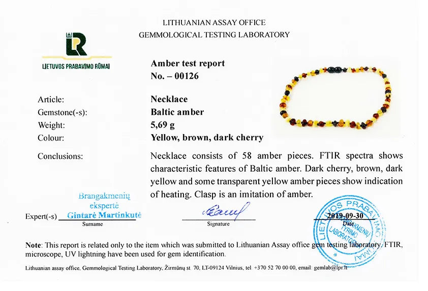 Amber test report from the Lithuanian Assay Office Gemmological Testing Laboratory with a necklace illustration.